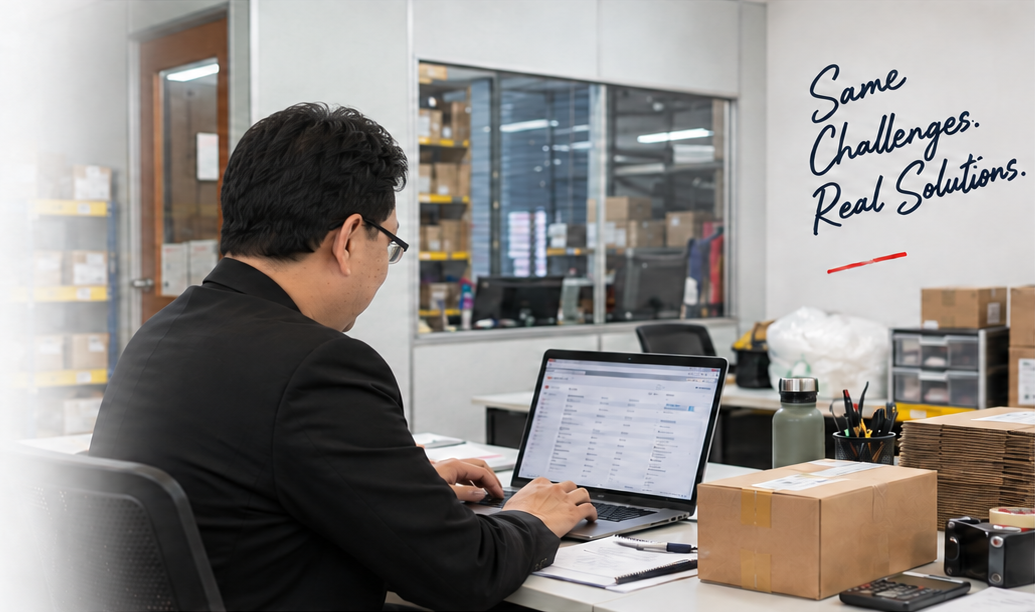Man working on a laptop in a busy e-commerce warehouse office, with the handwritten words AI Implementation Challenges. Real Lessons.