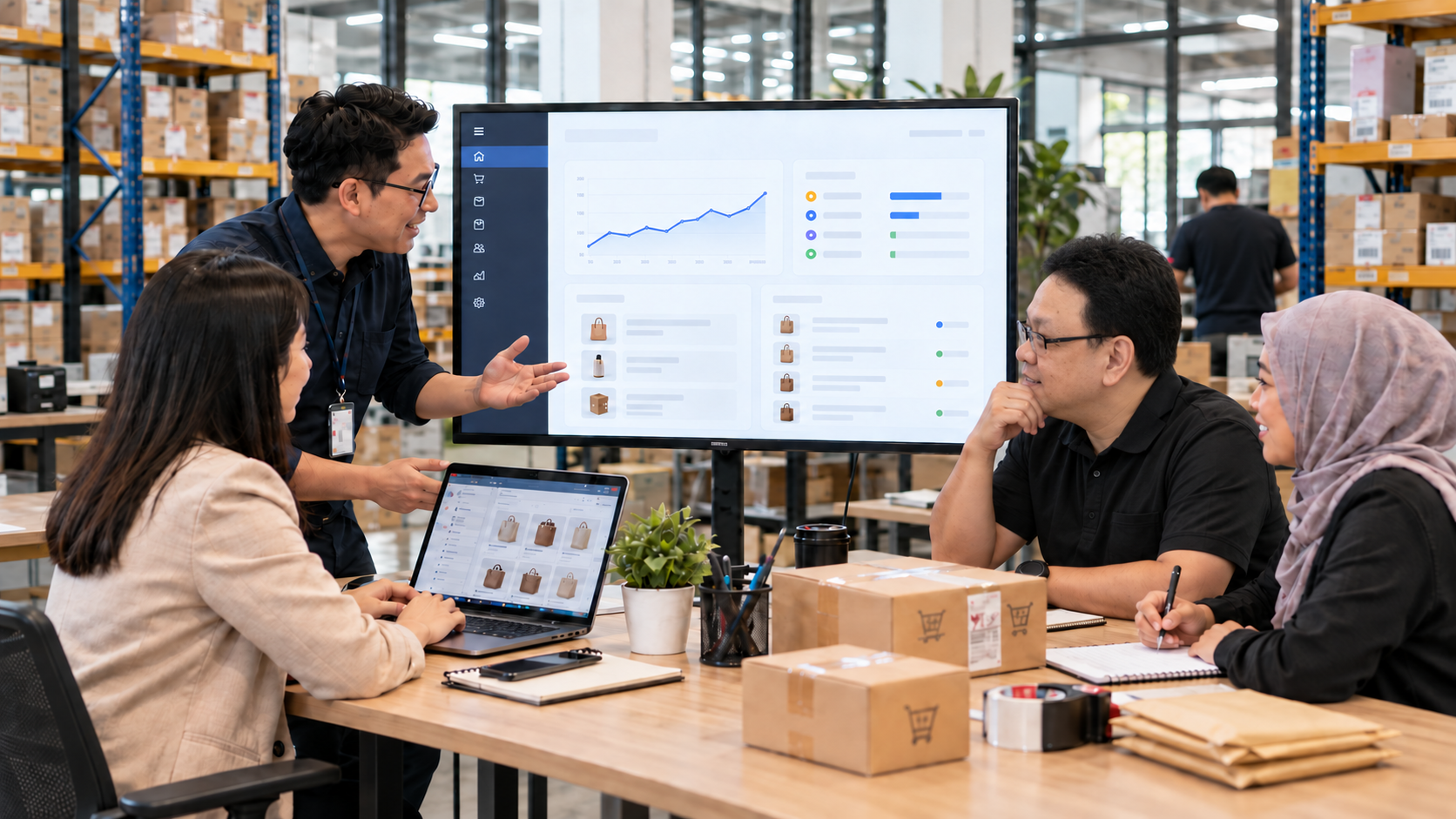 Koh Tak Song presenting an e-commerce dashboard on a large screen to his team in the warehouse office, discussing orders, revenue and fulfilment