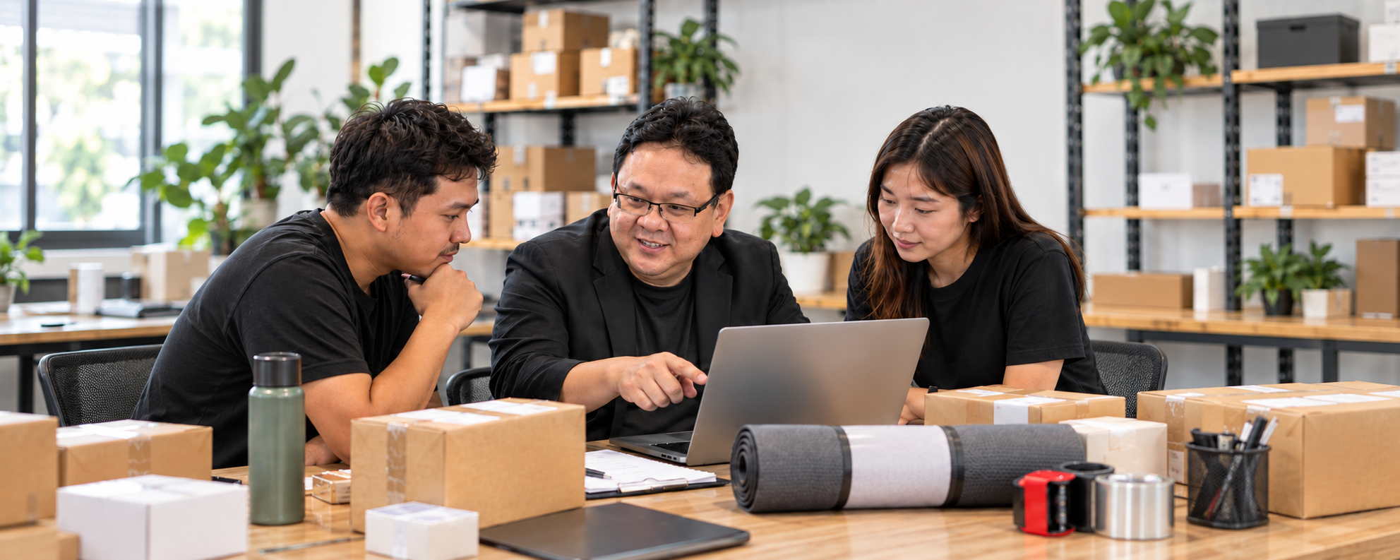 Koh Tak Song and his team reviewing e-commerce projects on a laptop, surrounded by packages and a yoga mat, with a whiteboard reading Small Businesses Stronger Together and Try Test Adjust Learn Repeat