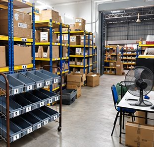 Shelving with sorting bins and stock in the KK ECOMMERCE warehouse
