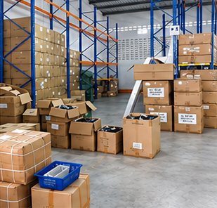 Cartons of stock in front of pallet racking