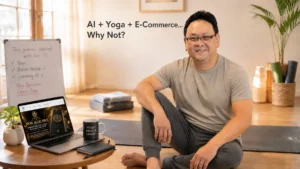 Koh Tak Song learning AI on a yoga mat beside a laptop showing the Lexis Yoga website