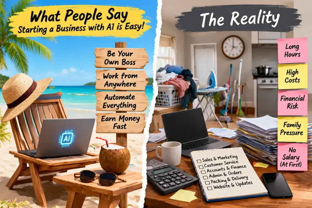 Starting a business with AI: the dream of working from a beach versus the reality of long hours, high costs, financial risk and family pressure