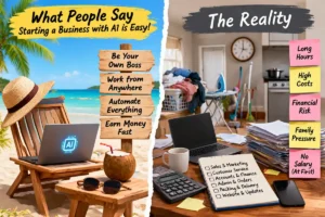 Starting a business with AI: the dream of working from a beach versus the reality of long hours, high costs, financial risk and family pressure