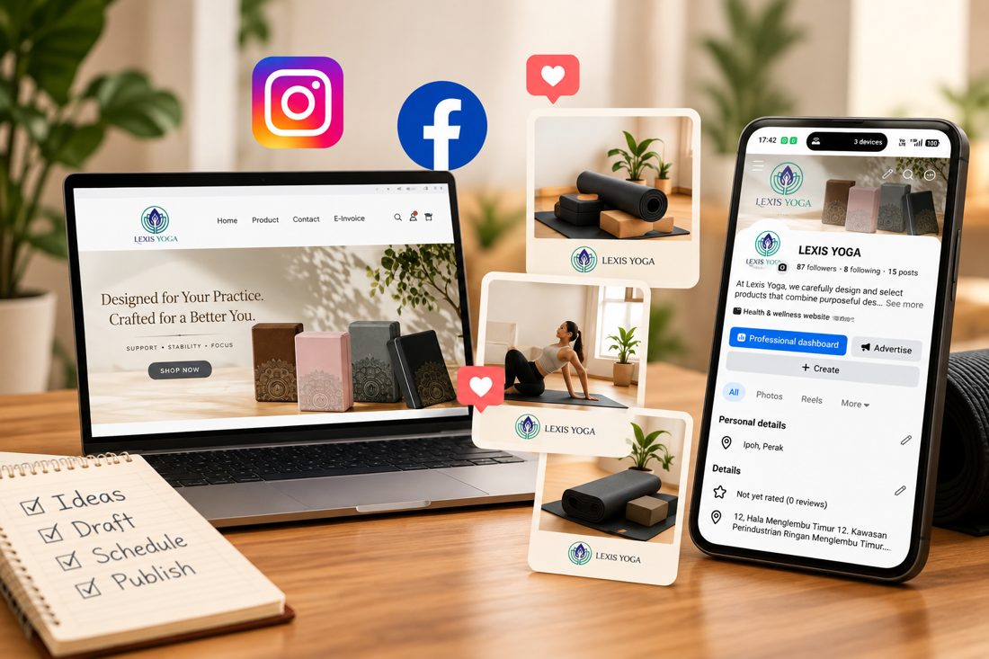 Laptop showing the Lexis Yoga website next to Instagram and Facebook icons, product photo cards, and a phone showing the Lexis Yoga Instagram profile