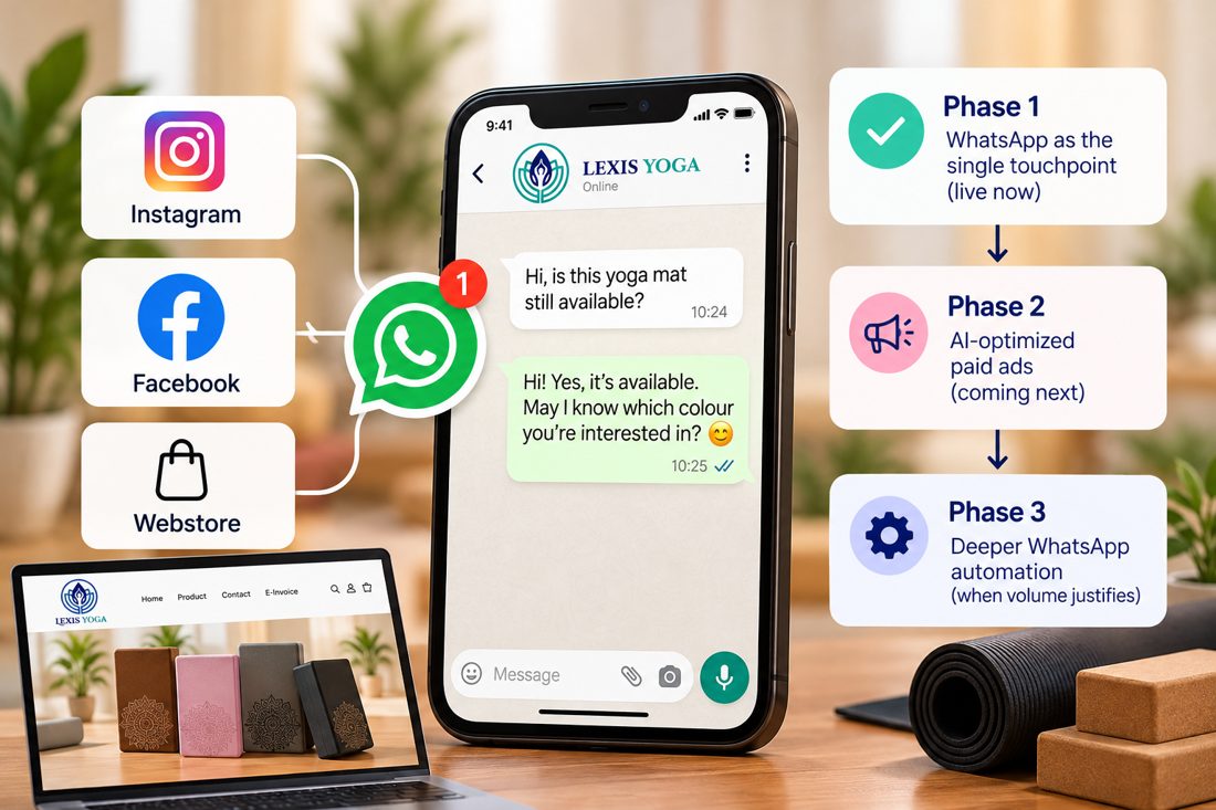 Instagram, Facebook and webstore icons feeding into a WhatsApp chat on a phone with a yoga mat enquiry, next to a 3-phase roadmap card