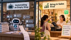Automating an empty shop with chatbots and AI agents, versus bringing in real customers and sales first at Lexis Yoga