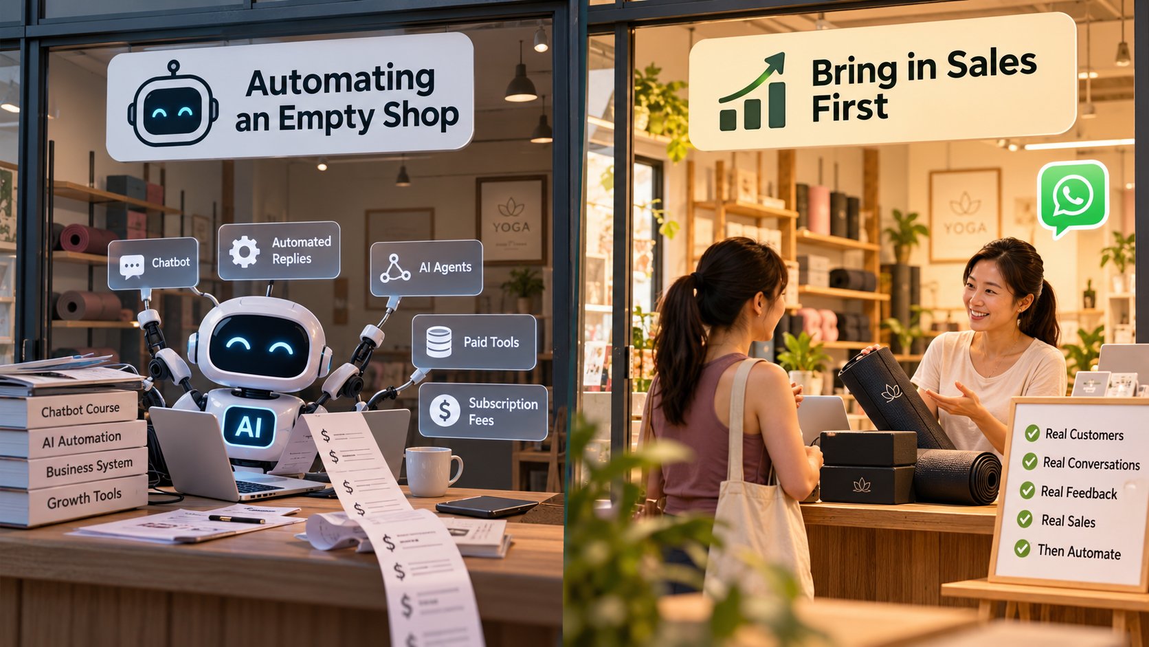 Automating an empty shop with chatbots and AI agents, versus bringing in real customers and sales first at Lexis Yoga